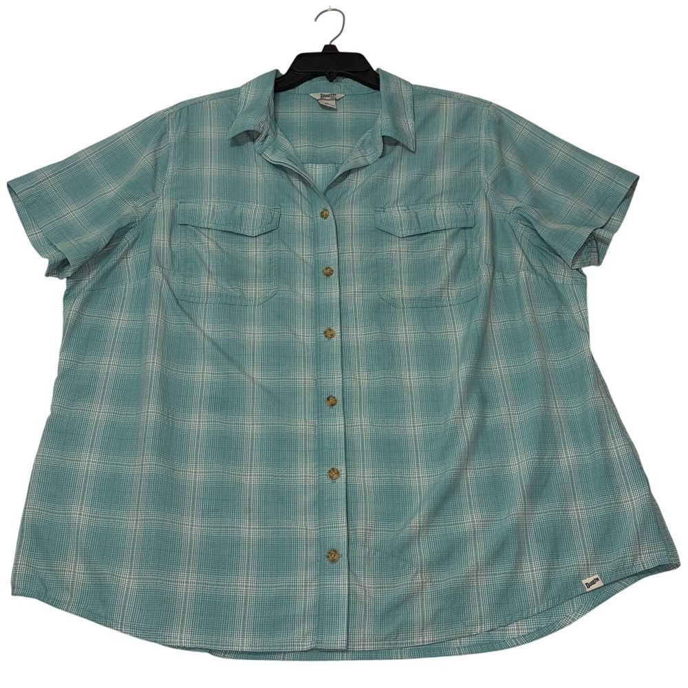 Duluth Trading Co Armachillo Aqua Teal Plaid Short Sleeve Button Up Shirt 2X